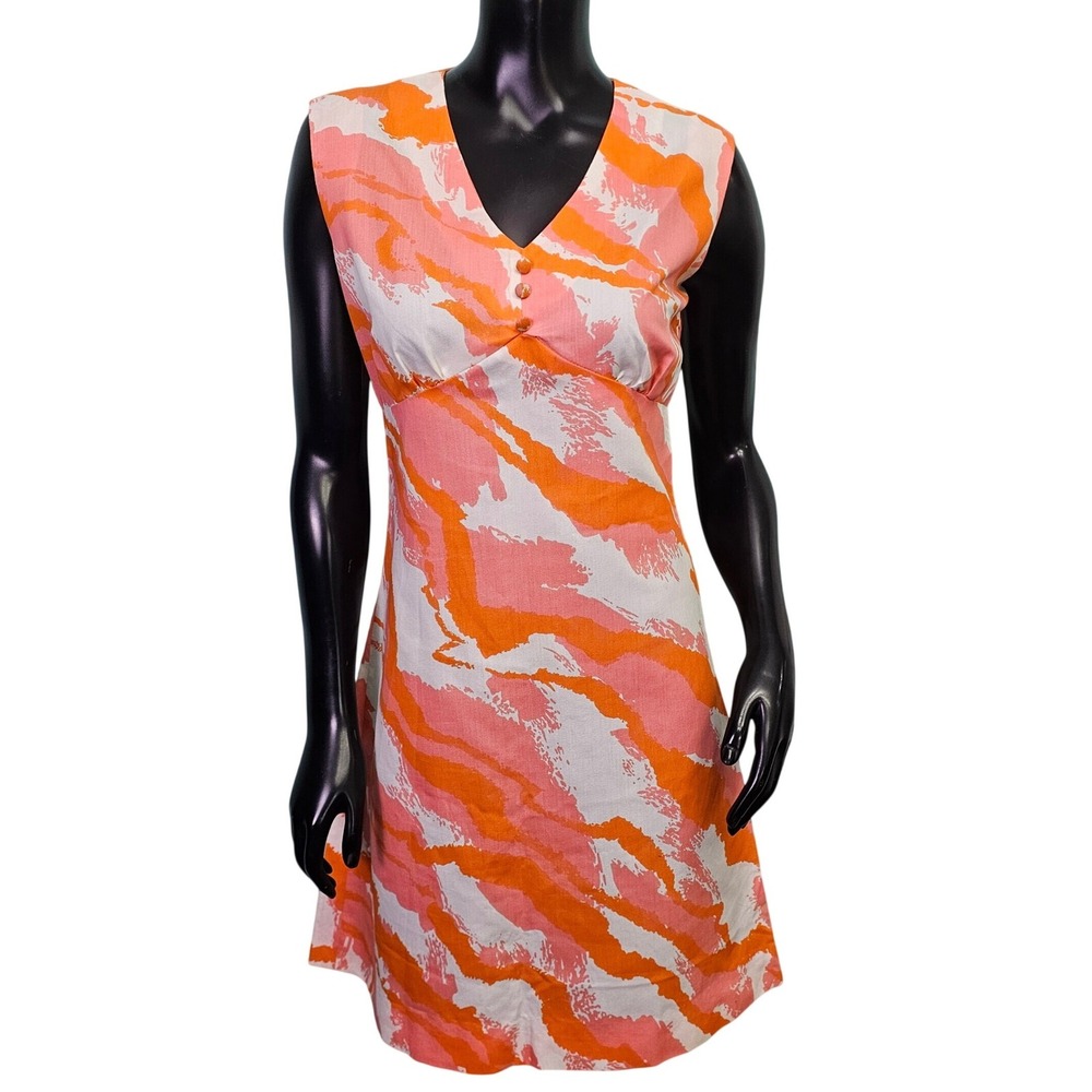 Vintage Handmade Orange Pink Abstract Empire Waist Sleeveless Mini Mod Dress